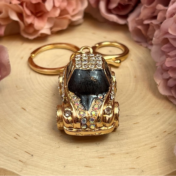 Retro Black and Gold Crystal Coupe Car Keychain Charm - Picture 7 of 16
